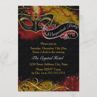 Sparkle Red & Gold Feather Mask Masquerade Invite