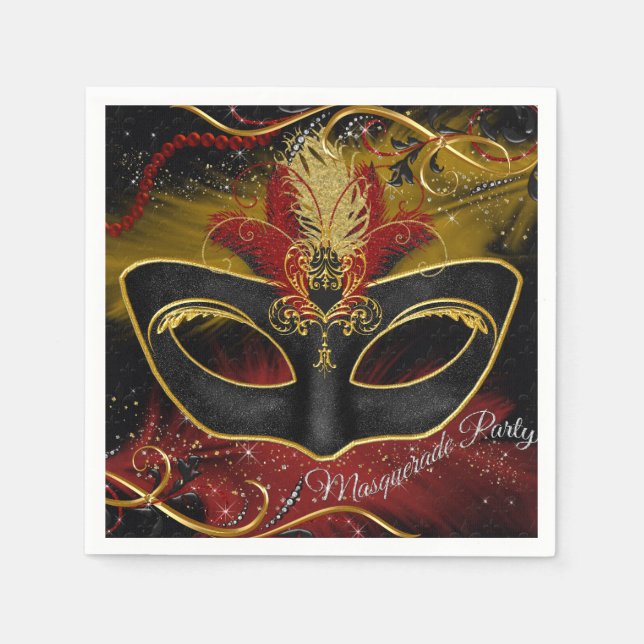 Sparkle Red & Gold Feather Mask Masquerade Napkin (Front)