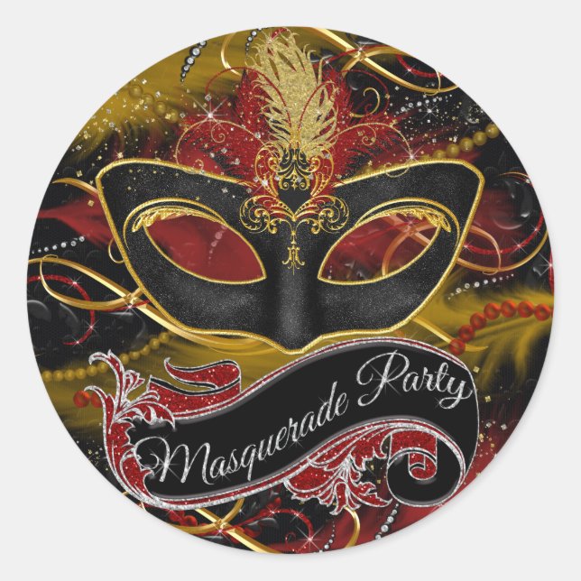 Sparkle Red & Gold Feather Mask Masquerade Sticker (Front)