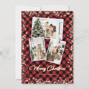 Sparkle Red Plaid Glitter Photo Merry Christmas Holiday Card