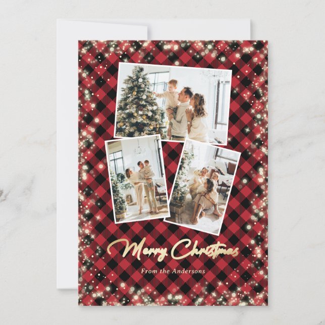 Sparkle Red Plaid Glitter Photo Merry Christmas Holiday Card (Front)