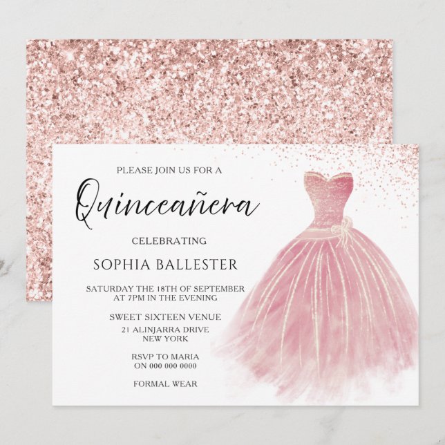 Sparkle Rose Gold Blush Gown Quinceanera Party Invitation (Front/Back)