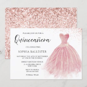 Sparkle Rose Gold Blush Gown Quinceanera Party Invitation