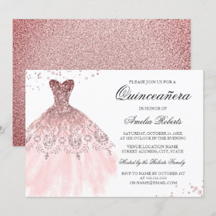 Sparkle Rose Gold Dress Quinceanera Invitation
