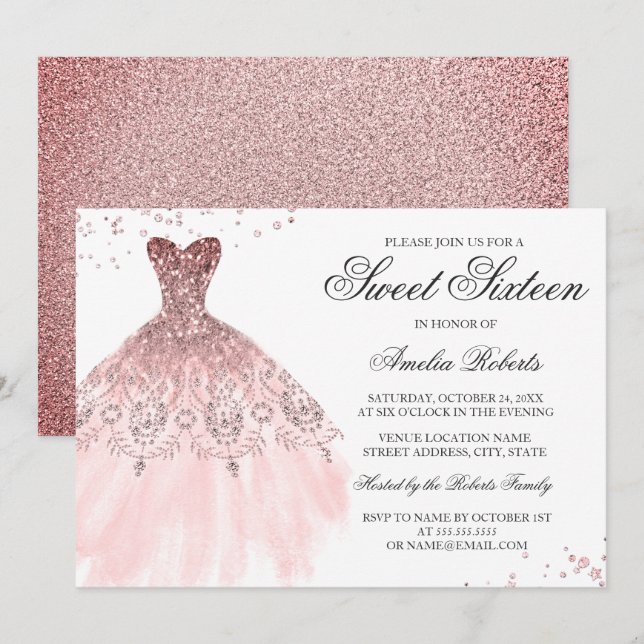 Sparkle Rose Gold Dress Sweet Sixteen Invitation (Front/Back)