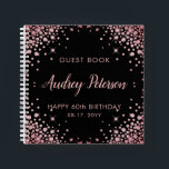 Sparkle Rose Gold Glitter 60th Birthday Guest Book<br><div class="desc">Modern Elegant Sparkle Rose Gold Glitter Black 60th (or any age) Birthday Monogram Custom Personalised Guest Book. This feminine Girly Adult Birhday party design feature an elegant hand lettered calligraphy script and rose gold diamond glitter frame on black background. Ideal for a feminine adult milestone birthday celebration, perfectly captures the...</div>