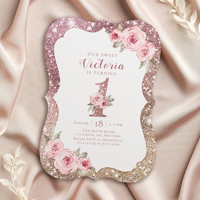 Sparkle rose gold glitter and floral 1st birthday invitation (Sparkle rose gold glitter and floral 1st birthday invitation)