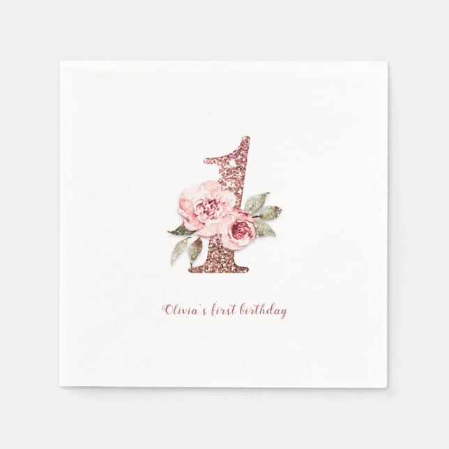 Sparkle rose gold glitter and floral 1st birthday napkin (Front)