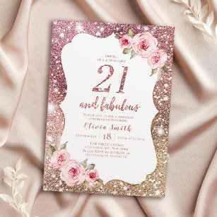 Sparkle rose gold glitter and floral 21st birthday invitation