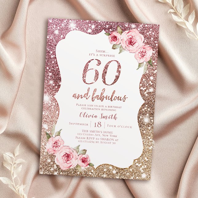 Sparkle rose gold glitter and floral 60th birthday invitation (Sparkle rose gold glitter and floral 60th birthday invitation)