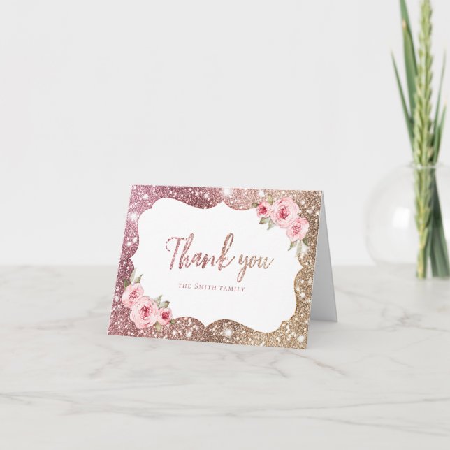 Sparkle rose gold glitter and floral thank you (Front)