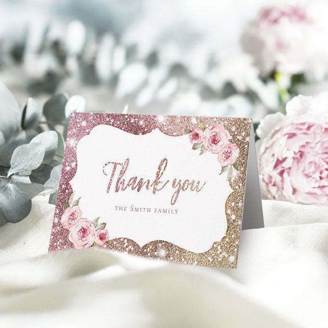 Sparkle rose gold glitter and floral thank you card (Sparkle rose gold glitter and floral thank you)