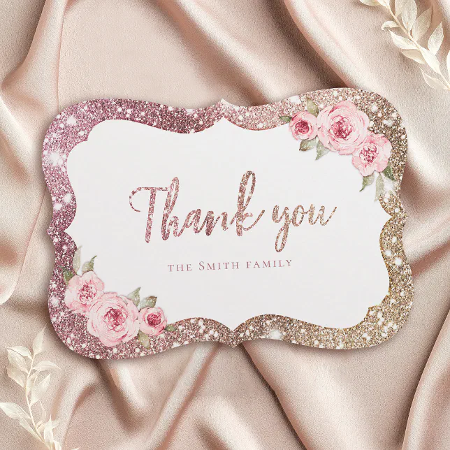 Sparkle rose gold glitter and floral thank you invitation | Zazzle