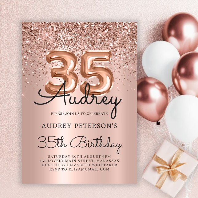 Sparkle Rose Gold Glitter Balloon 35th Birthday  Invitation (Creator Uploaded)