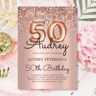 Sparkle Rose Gold Glitter Balloon 50th Birthday  Invitation