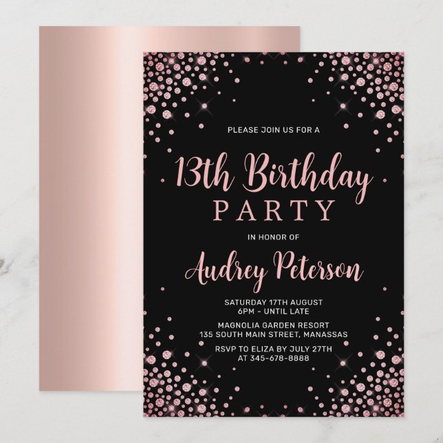 Sparkle Rose Gold Glitter Black 13th Birthday  Invitation (Front/Back)