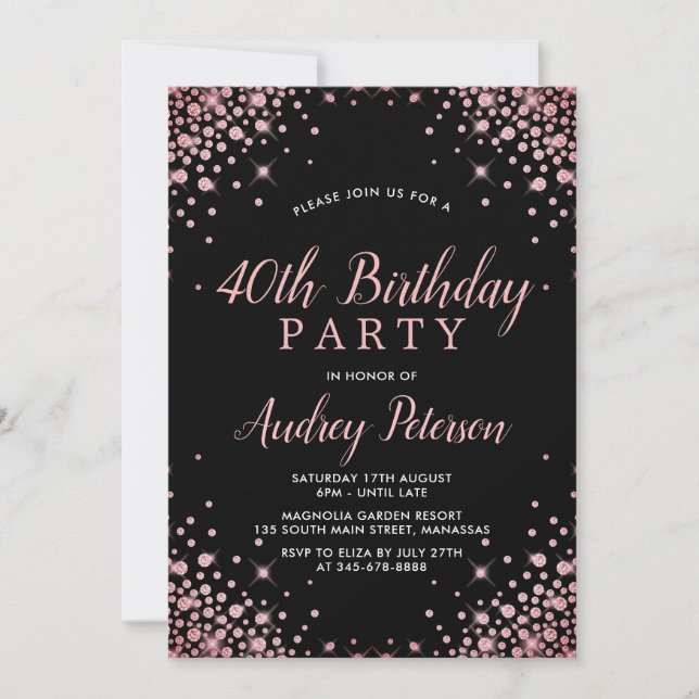 Sparkle Rose Gold Glitter Black 40th Birthday Invitation (Front)