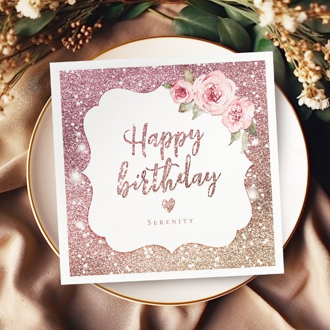 Sparkle rose gold glitter floral happy birthday napkin (Sparkle rose gold glitter floral happy birthday napkins)
