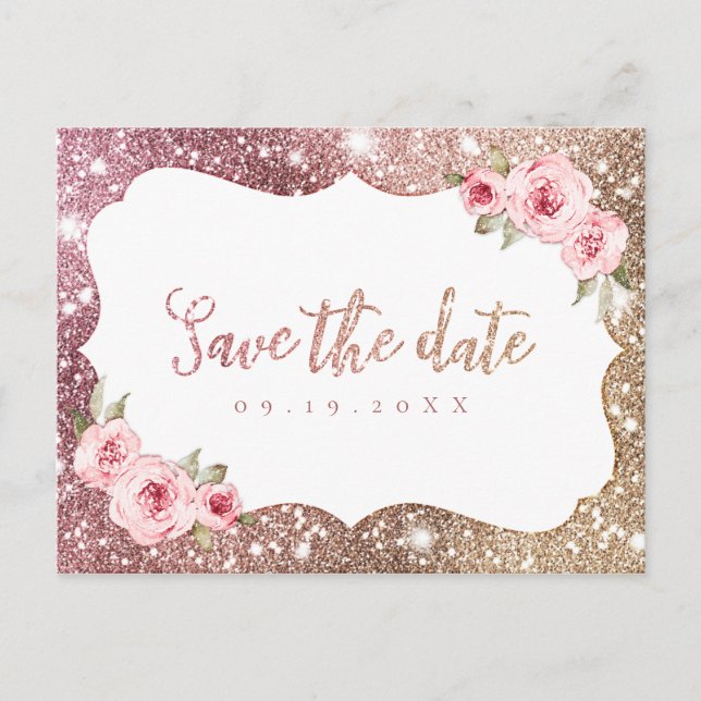 Sparkle rose gold glitter floral save the date announcement postcard (Front)
