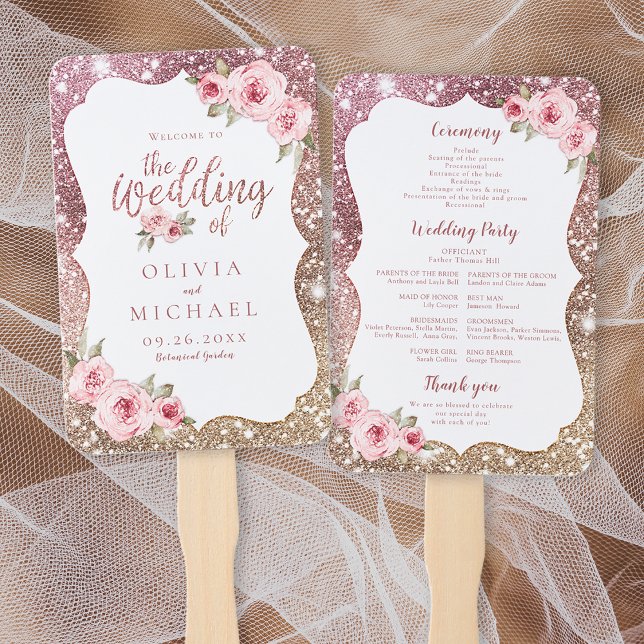 Sparkle rose gold glitter floral wedding program hand fan (Sparkle rose gold glitter floral wedding program hand fan)