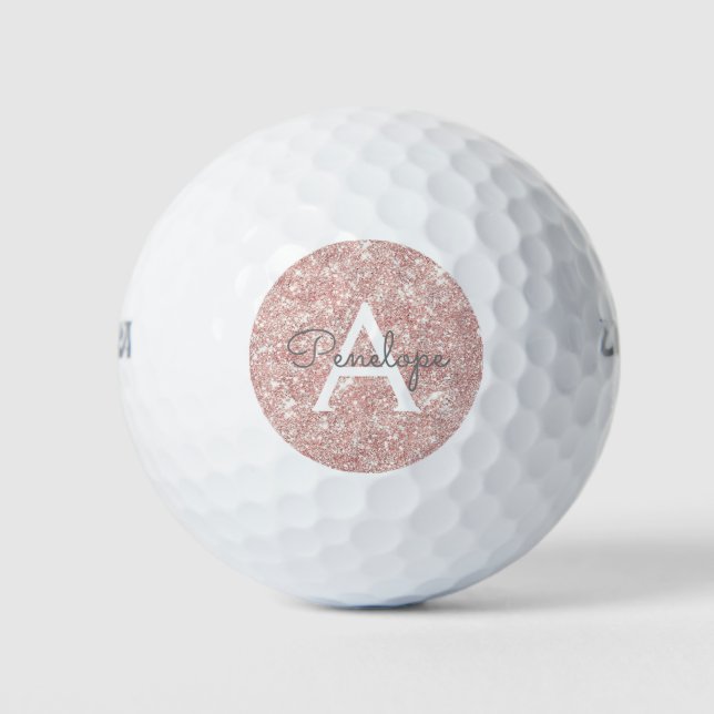 Sparkle Rose Gold Glitzy Glam Monogram Golf Balls (Front)