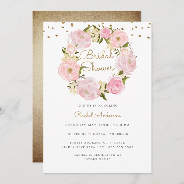 Sparkle Rose Wreath Pink Gold Bridal Shower Invitation (Front/Back)
