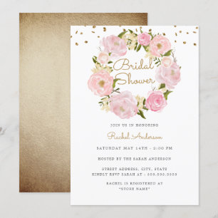 Sparkle Rose Wreath Pink Gold Bridal Shower Invitation