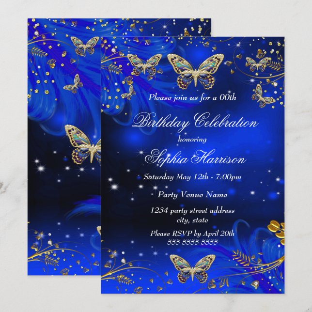 Sparkle Royal Blue Gold Butterfly Birthday party Invitation (Front/Back)