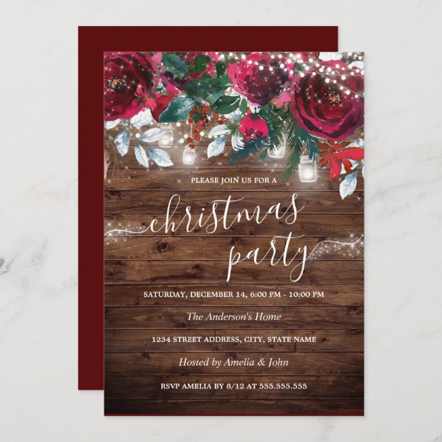 Sparkle Rustic Red Floral Lights Christmas Party Invitation (Front/Back)