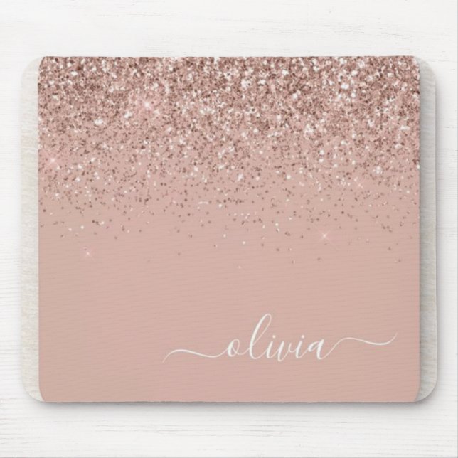Sparkle & Script: Rose Gold Glitter Monogram Mouse Mat (Front)