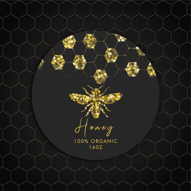 Sparkle Sequin gold honeybee Classic Round Sticker (#Luxurious #beelogo #honeylabel #goldframe #customlogobusinesssticker #etsybusinesssticker #sequin)
