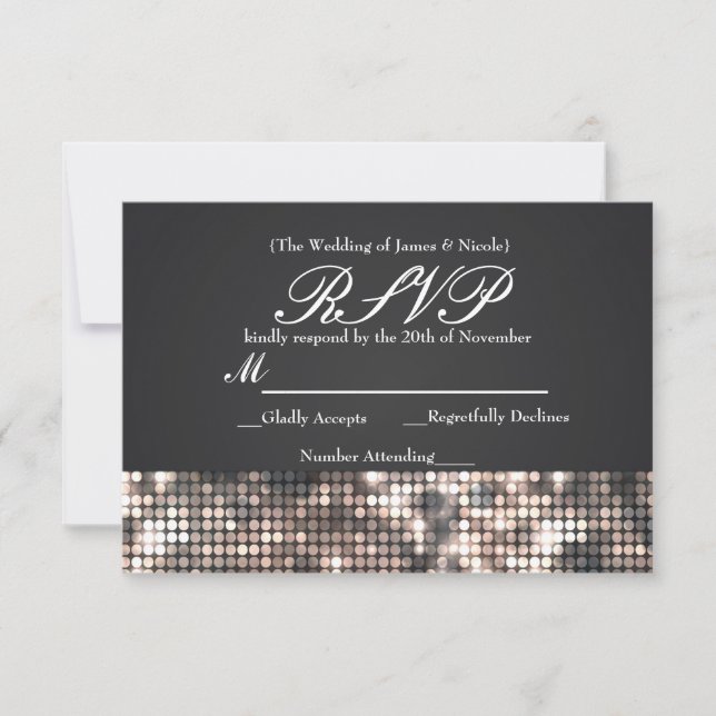 Sparkle Sequins Glamour Black Wedding RSVP Card (Front)