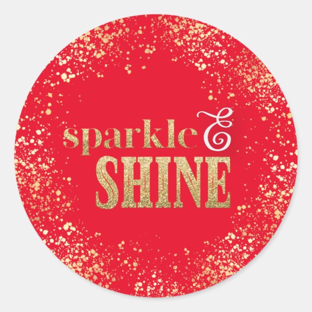 Sparkle Shine Gold typography Confetti Holiday Red Classic Round Sticker (Front)