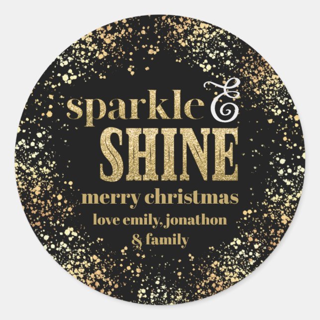 Sparkle Shine Gold typography Merry Christmas Classic Round Sticker (Front)