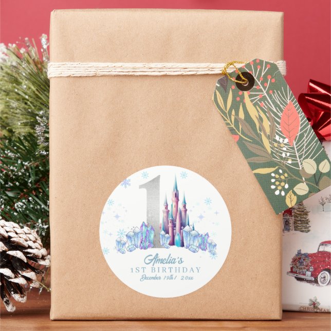 Sparkle Silver Frozen Kingdom Castle 1st Birthday  Classic Round Sticker (Holiday)