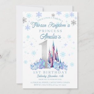 Sparkle Silver Frozen Kingdom Castle 1st Birthday  Invitation