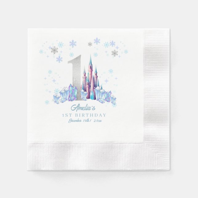 Sparkle Silver Frozen Kingdom Castle 1st Birthday  Napkin (Front)