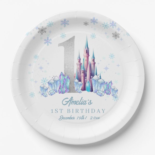 Sparkle Silver Frozen Kingdom Castle 1st Birthday  Paper Plate (Front)