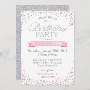 Sparkle Silver Glitter and Pink Sprinkles Birthday Invitation