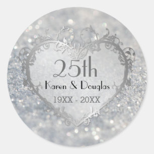Sparkle Silver Heart 25th Wedding Anniversary Classic Round Sticker