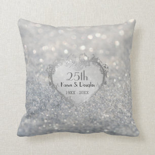 Sparkle Silver Heart 25th Wedding Anniversary Cushion