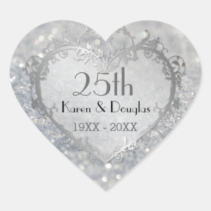 Sparkle Silver Heart 25th Wedding Anniversary Heart Sticker