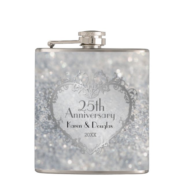 Sparkle Silver Heart 25th Wedding Anniversary Hip Flask (Front)