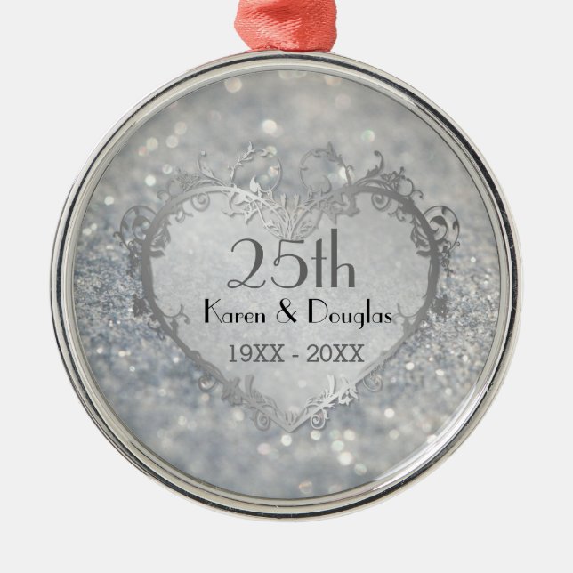 Sparkle Silver Heart 25th Wedding Anniversary Metal Tree Decoration (Front)