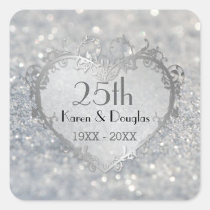 Sparkle Silver Heart 25th Wedding Anniversary Square Sticker