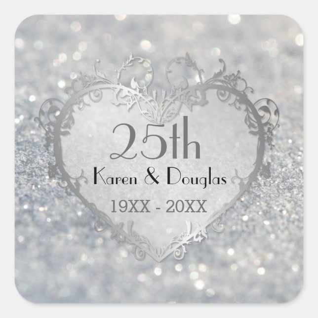 Sparkle Silver Heart 25th Wedding Anniversary Square Sticker (Front)
