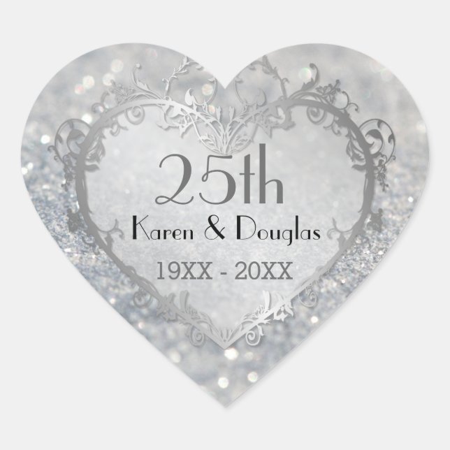 Sparkle Silver Heart 25th Wedding Anniversary Sticker (Front)