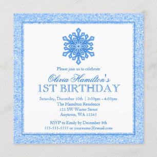 Sparkle Snowflake Blue 1st Birthday Invitation