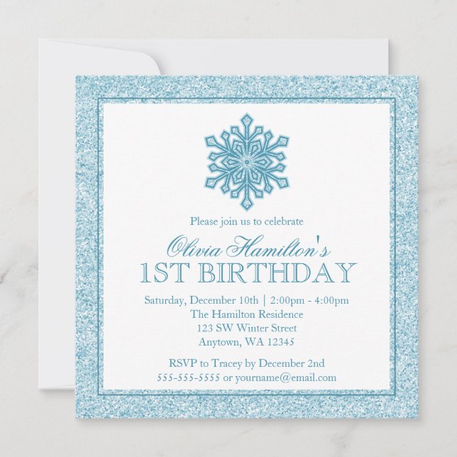 Sparkle Snowflake Teal 1st Birthday Invitation (Front)