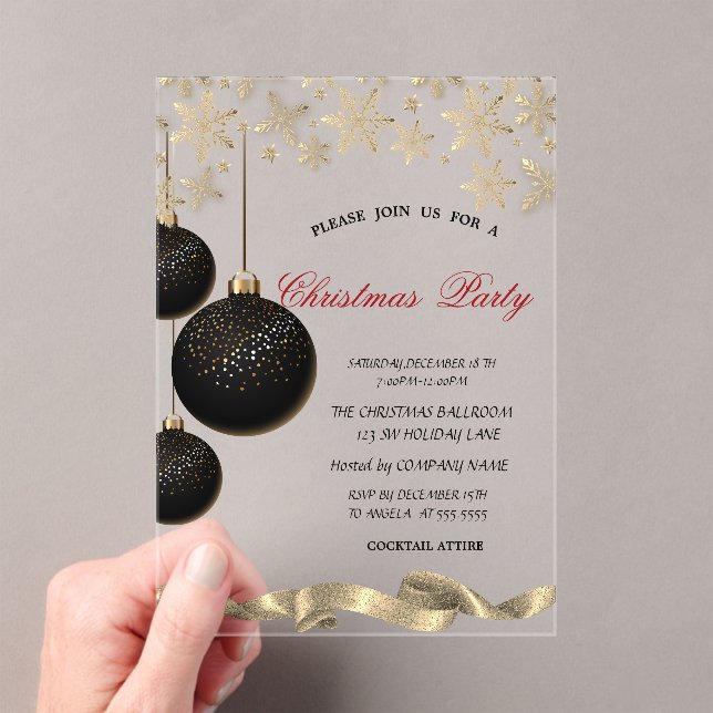 Sparkle Snowflakes Black Balls Corporate Christmas Acrylic Invitations (Insitu (Handheld))